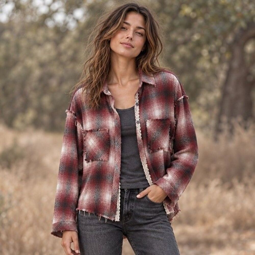 POL Plaid Oversized Shirt Womens L Red Gray Raw Edge Lace Trim Boho Grunge